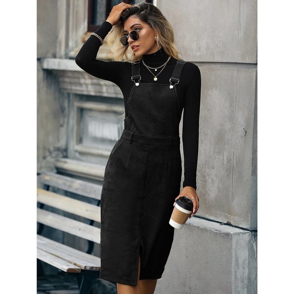 BohoGypsyDreamer.com Dresses & Skirts - Slit Hem Corduroy Overall Dress (Without Sweater) black